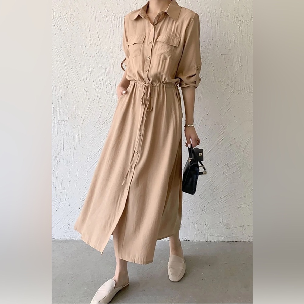 Shirt DressWomen Solid Long Sleeve Japan Style Elegant NWOT - Picture 1 of 4